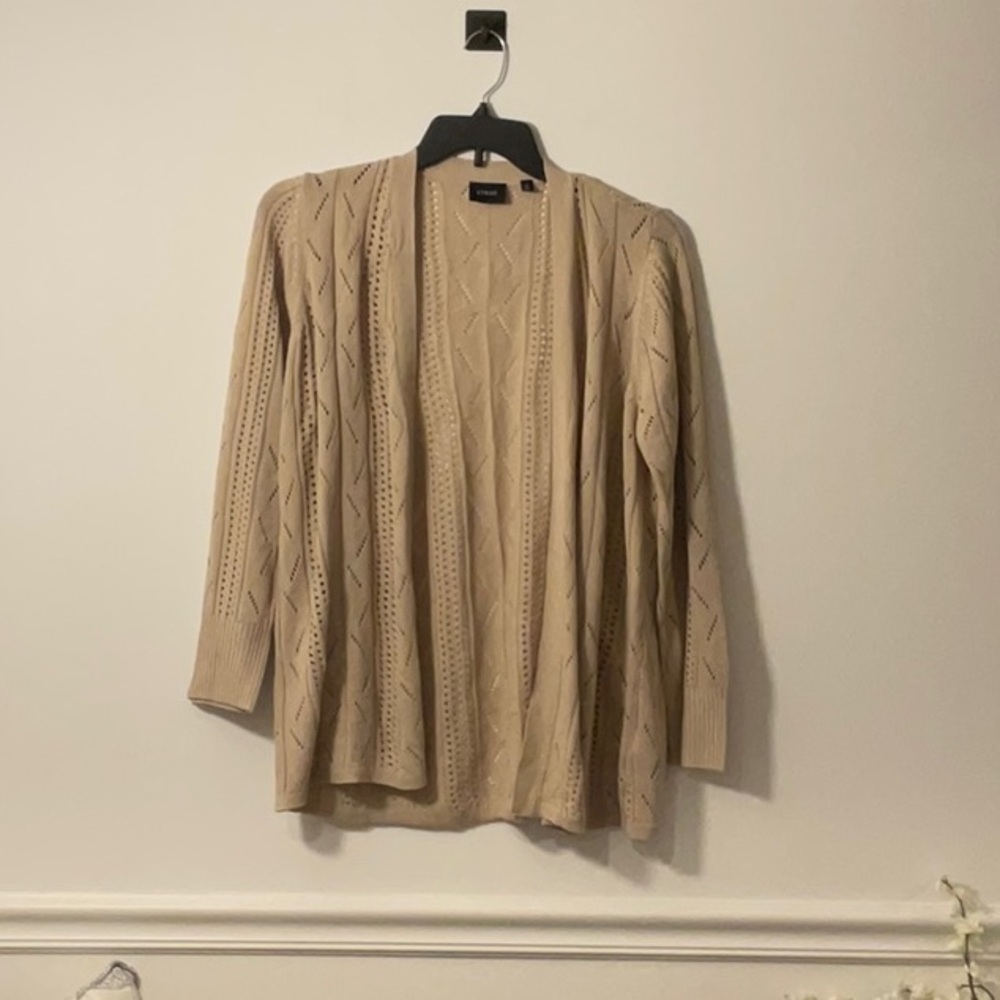 Cyrus Tan Cardigan Sweater Lightweight Knit Open Front
